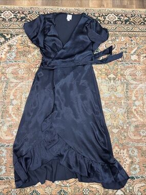 Blue Rain Navy Wrap Midi Dress with Ruffle Trim